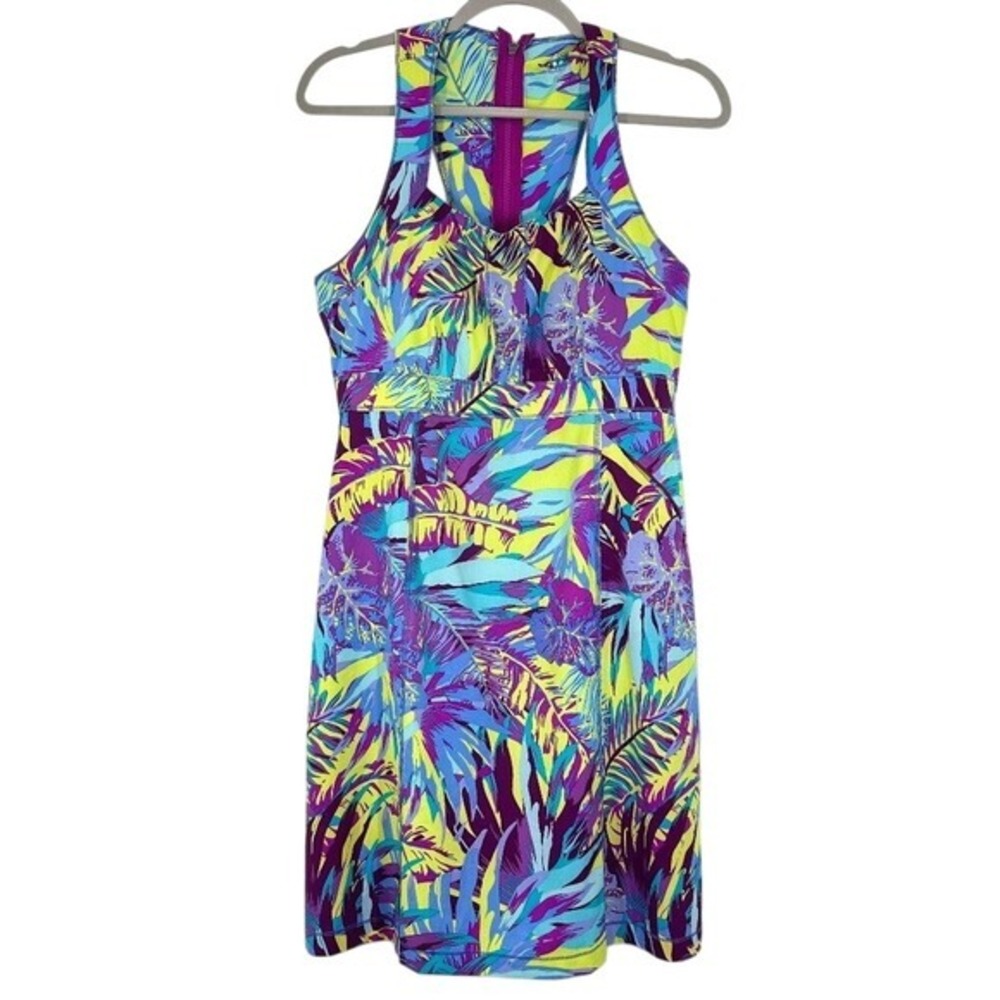 Title Nine Arabella Nimblene Halter Dress Purple Palm Trees Back Zip SUP Size 8
